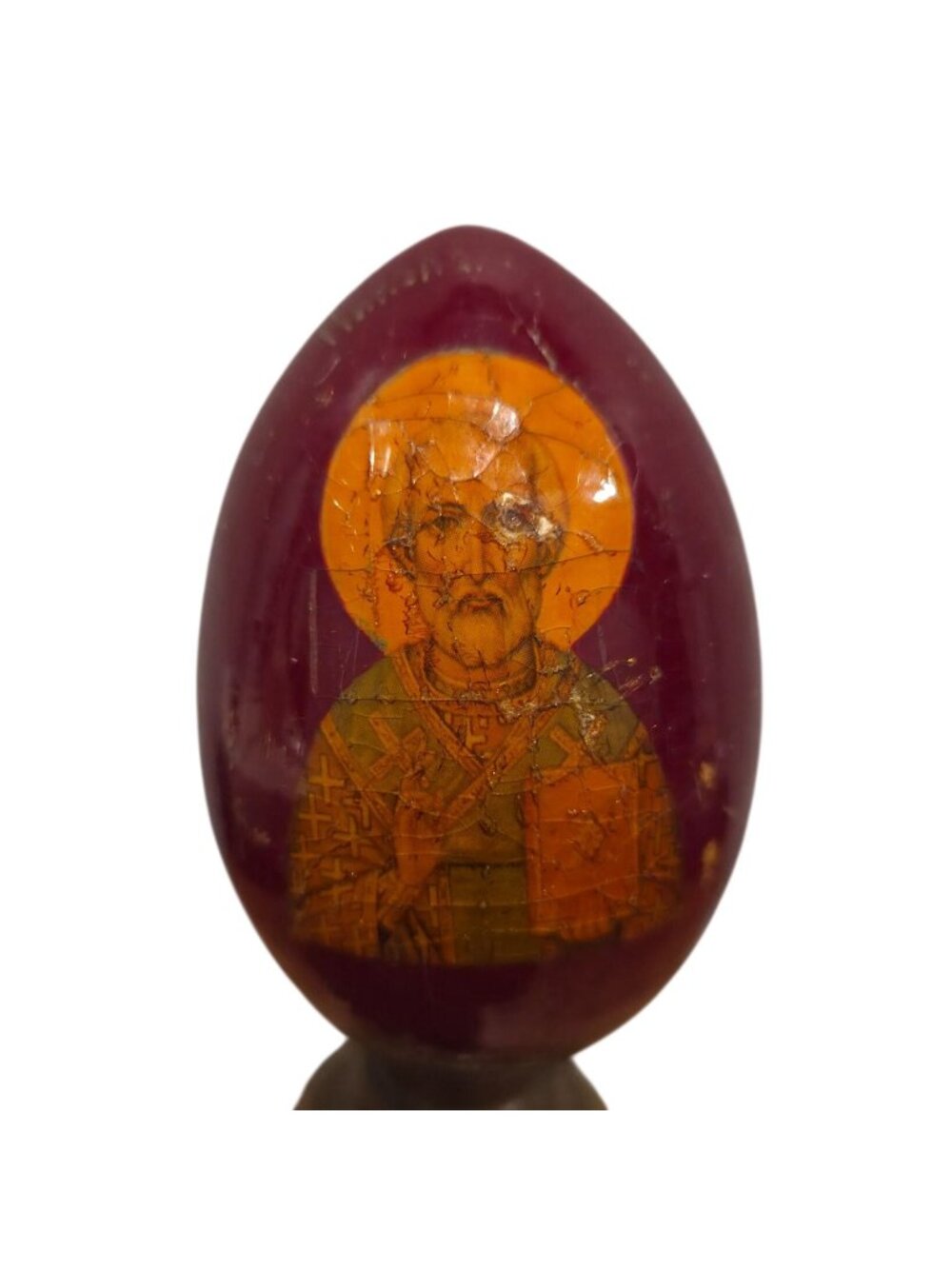 Hand Painted Russian Orthodox Wood Egg Religious Icon Saint Nicholas